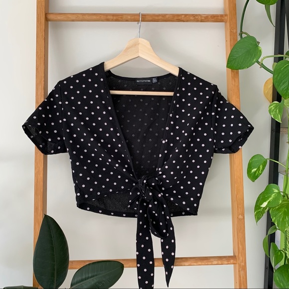 PrettyLittleThing Tops - Pretty Little Thing Polka Dot Crop Wrap Black Top